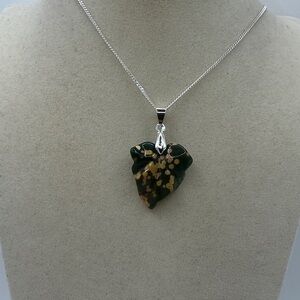 Unique Leaf Shaped Ocean Jasper Pendant on Silver Chain